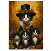 Autumn Whiskers: Tuxedo Cat Mom and Three Kittens Among Pumpkin on Ready to Hang 1.5" Thick Canvas Wrap, Floating Framed Canvas, Flat Rolled Canvas